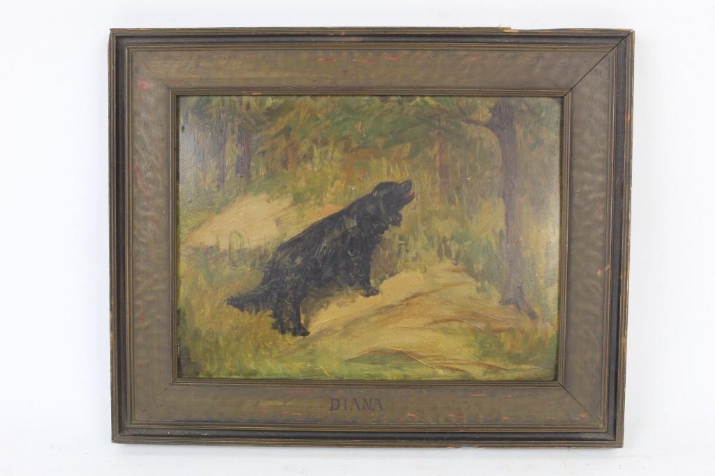 Antique Painting of Black Spaniel Dog Titled "Diana" (1 of 6)