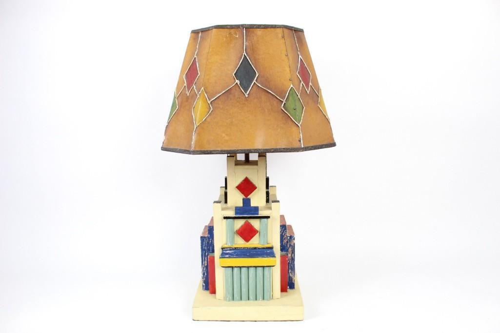 Art Deco Skyscraper Lamp, Painted Wood & Matching Shade (1 of 10)