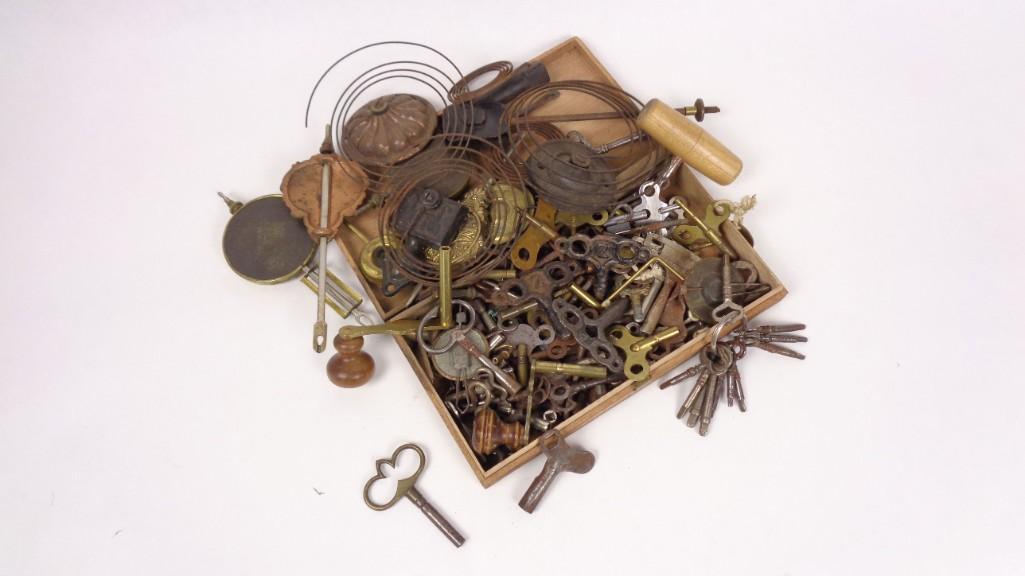 Assorted Lot of Metal Clock Keys & Tools in Wooden Box (1 of 4)