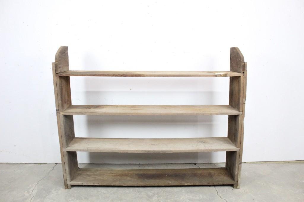 Rustic Handmade Wooden 4 Tiered Shelf,Farmhouse: Rustic handmade wooden 4 tiered shelf. This unfinished, handmade shelf has a great rustic feeling that would fit in well in a house with a farmhouse aesthetic. Each side of the shelf has been reinforc