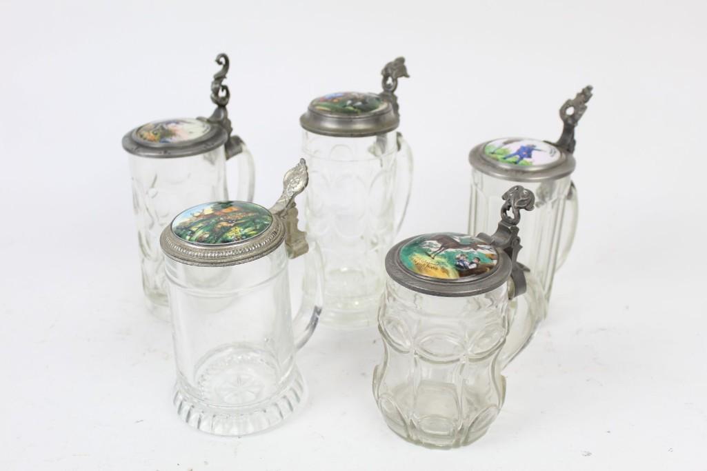 German Glass Painted Lidded Beer Steins, Lot of 5 (1 of 10)