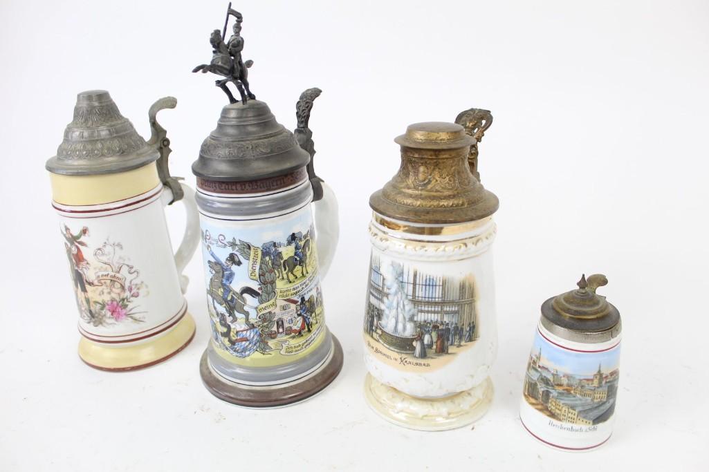 Antique Ceramic German Lidded Beer Steins, Lot of 4 (1 of 12)