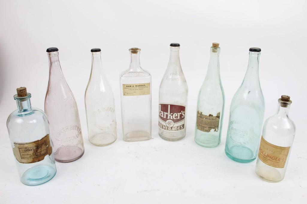 Lot of Misc Antique Hudson NY Glass Beverage Bottles: Lot of misc antique Hudson NY glass beverage bottles. These fascinating bottles are from different manufacturers but all are from the Hudson, NY area. The labels include "Sherry Wine," an elixir of so