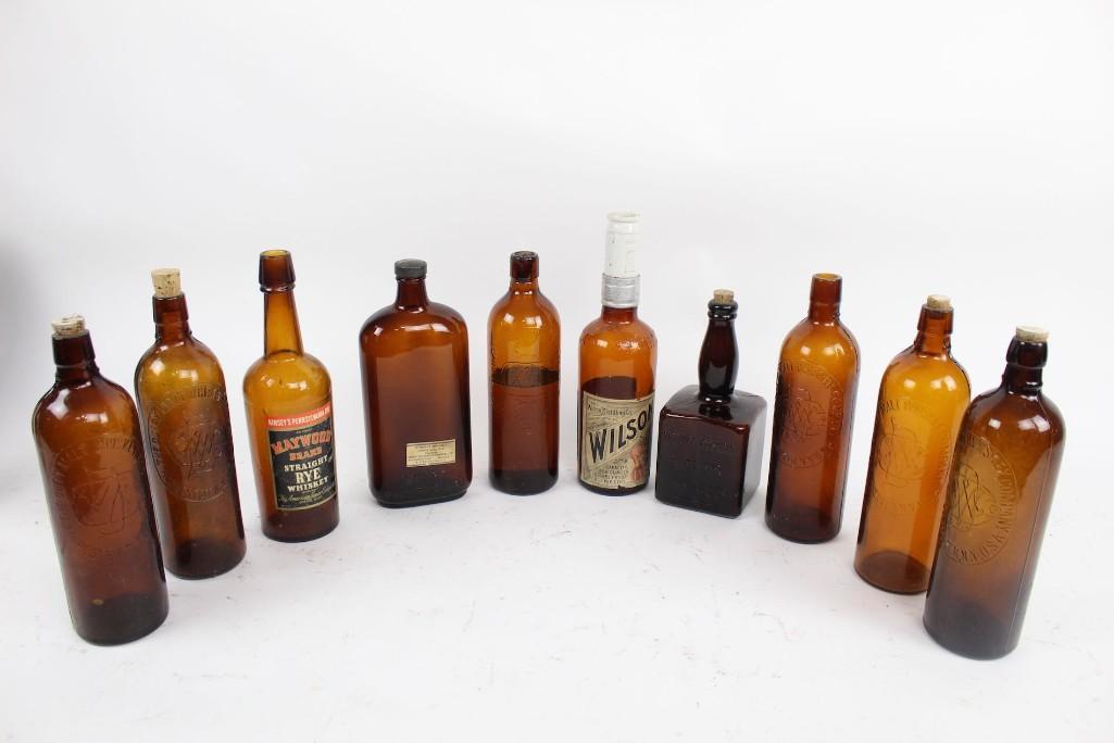 Lot of 10 Assorted Antique Brown Whiskey Liquor Bottles (1 of 10)