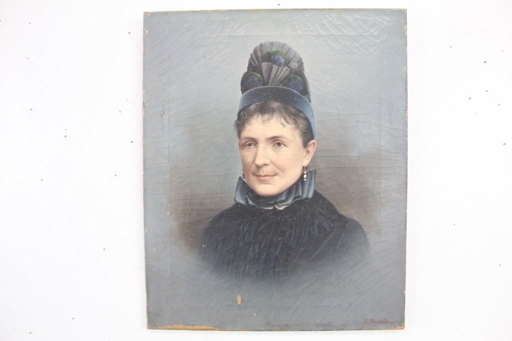 Antique Signed G. Bruecke Painting of Woman in Blue Hat (1 of 8)