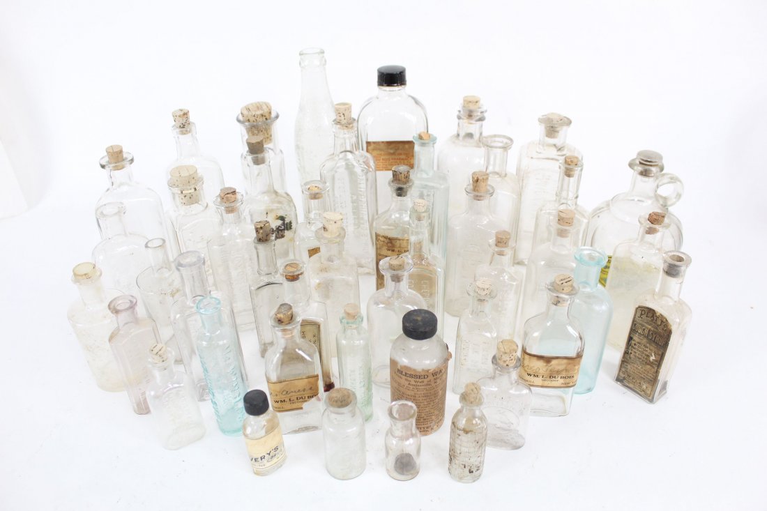 Lot of 45 Pharmacy Glass Bottles,Hudson Valley & W Mass: Assorted pharmacy glass bottles from Hudson Valley and West Massachusetts. This lot includes 45 glass pharmacy bottles, many with New York labels and some from Western Massachusetts. The brands includ