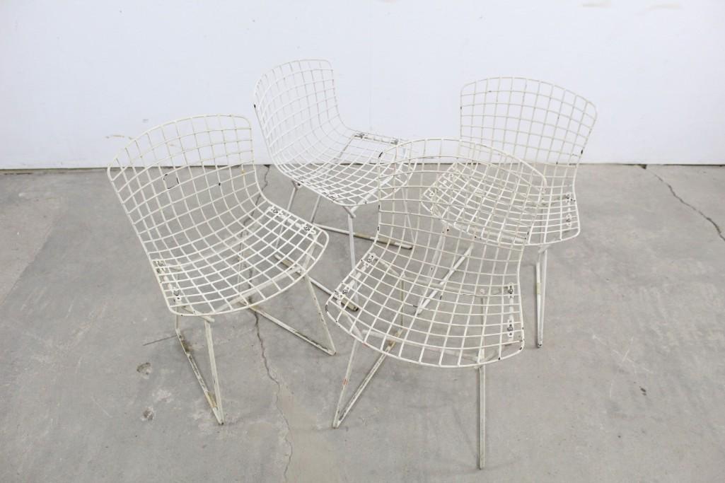 Set 4 Mid-century Modern Child-size Bertoia Chairs: 4 Mid-century Modern Child-size Knoll Bertoia Chairs. ;Painted white metal. Charming addition to your playroom. ; Dimensions are 20.5in h x 13in w x 15in d. Condition is good, with some scuffs, scrape