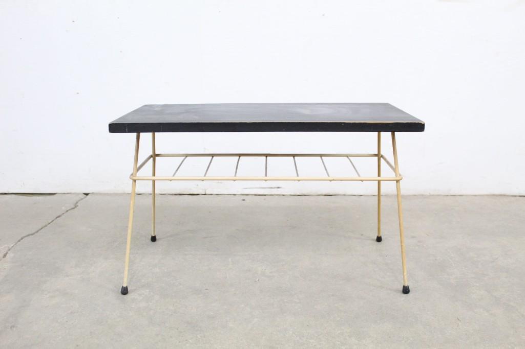 Mid-Century Modern Table, Exqvisita Style AB Stockholm: Small Mid-Century Modern Side Table, Wire Base & Shelf. Label underneath table top reads, "Sonja-Bookshelf" and "Exqvisita Style AB Stockholm." Table has a black painted top. Its Wire base, legs, and 