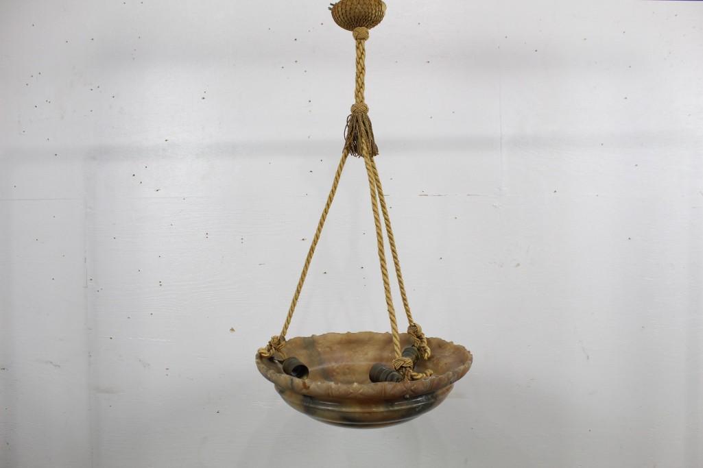 Antique Alabaster and Rope Hanging Light Fixture: Alabaster and Rope Hanging Light Fixture, featuring a marbled tortoise shell shape like design. This would be a great piece for a parlor or foyer. The dimensions are 34 in h x 18 in w x 18 in d. Condi