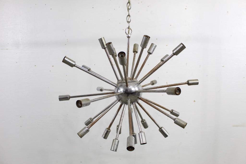Mid-century Modern Chrome Sputnik Hanging Light Fixture: Mid-century Modern Chrome Sputnik Hanging Light Fixture. An iconic staple of the Mid-century Modern period, this piece would be great in a dining room or foyer. The dimensions are 20 in h x 26 in w. C