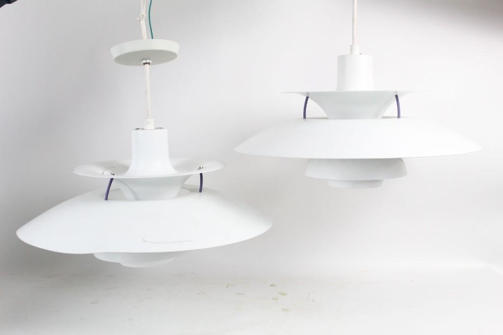 2 Mid-century Modern PH 5 hanging lamp Poul Henningsen: Pair Danish PH 5 hanging lamps, design attributed to Poul Henningsen for Louis Poulsen in 1958. These classic yet modern pendant light fixtures have 3 white metal tiers, with the underside of the bott