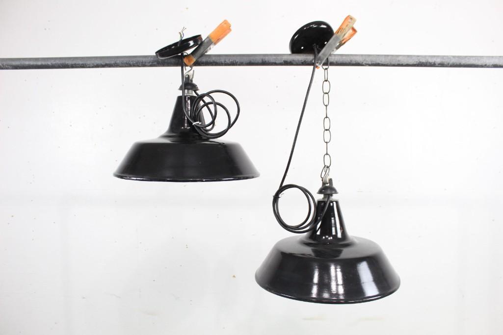 Industrial Pair of Matching Black Enamel Hanging Lights: Industrial Pair of Matching Black Enamel Hanging Lights. These charming lights have chains of various lengths. Their look brings to mind a charming little tiled cafe in some old black and white movie.