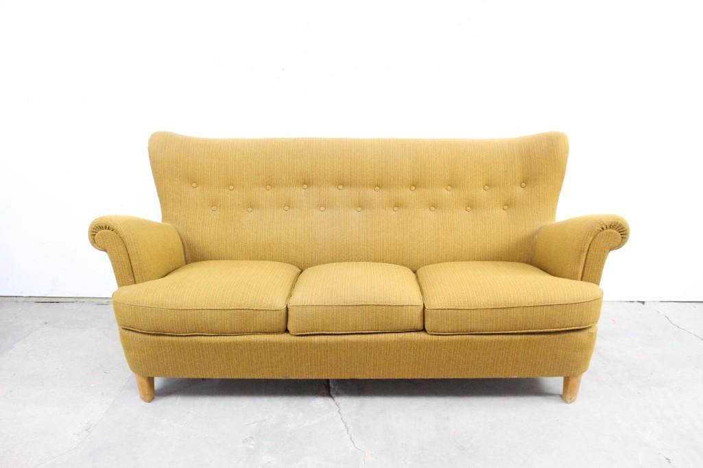 Danish Upholstered Wing Back Sofa,Mid-century Modern: Danish Upholstered Wing Back Sofa,Mid-century,Furniture. Very charming design, with a gold colored upholstery that will add a pop of color to you Mid-century living room. Dimensions are 34.5in h x 67i