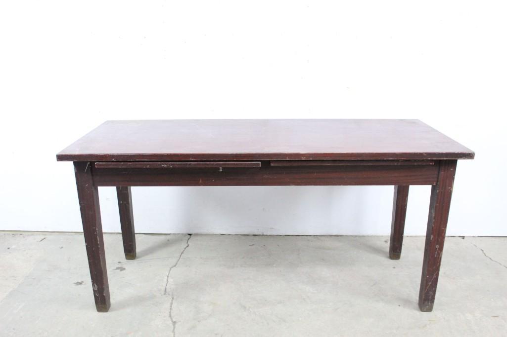 Industrial Faux Wood Painted Steel Work Table w/ Leaves: Industrial faux grain paint steel work table with leaves. This industrial table is given some style and interest by the painted faux wood grain. It is sturdy and has two pull out leaves for big jobs t