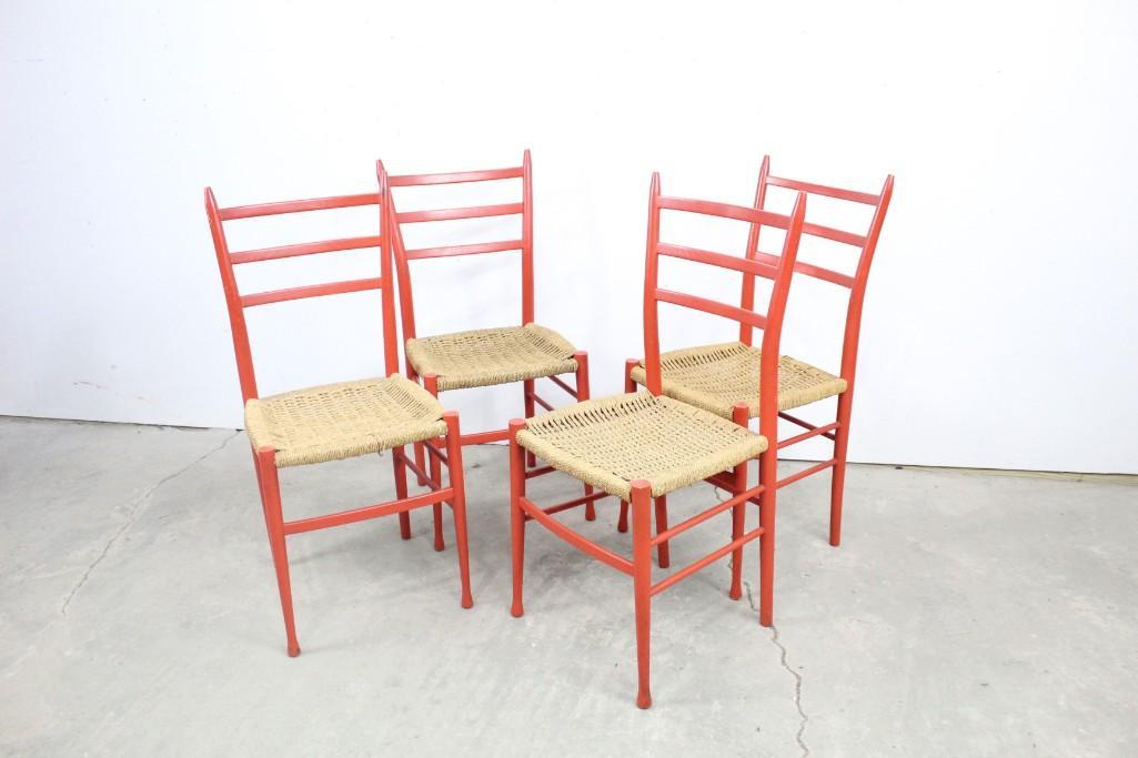 4 Mid-century Modern Woven Red Chairs,Gio Ponti Style: Set of four mid-century-era Italian wood chairs painted red with woven seats. Lively, vibrant color would add a touch of flair to any decor. These are in the manne rof Gio Ponti style. Dimensions are