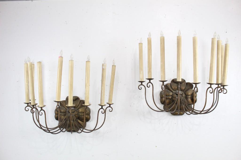 Pair of Giant Antique Metal Sconces Elec Candle Lights: Pair of Giant Antique Metal Sconces Elec Candle Lights. Large sconces with plaster floral bases, wrought iron candleholders and 9 electric candle lights, each. Candles are 9inches tall. Elaborate and 