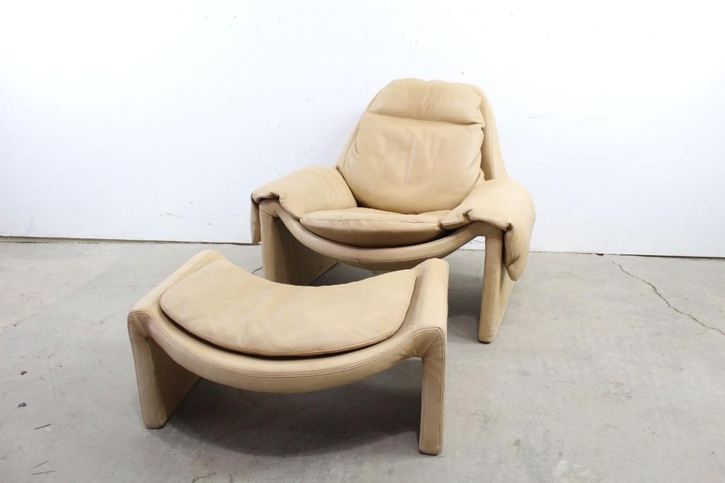 Postmodern Leather Lounge Chair & Ottoman,Paulin Style: Postmodern Leather Lounge Chair & Ottoman,Paulin Style, featuring a layered design. This piece would look well in a study or living space. It is in the manne of Pierre Paulin. The dimensions are 31 in