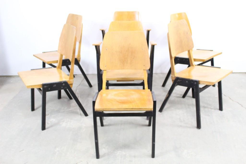 Set of 7 Wood Franz Schuster Chairs,Mid-Century Modern: Set of 7 Wood Franz Schuster Chairs,Mid-Century Modern. All Chairs are bright tan in color. The seats and back are a wood finish and the wooden legs are painted black. 2 chairs have arm rests. Some ch