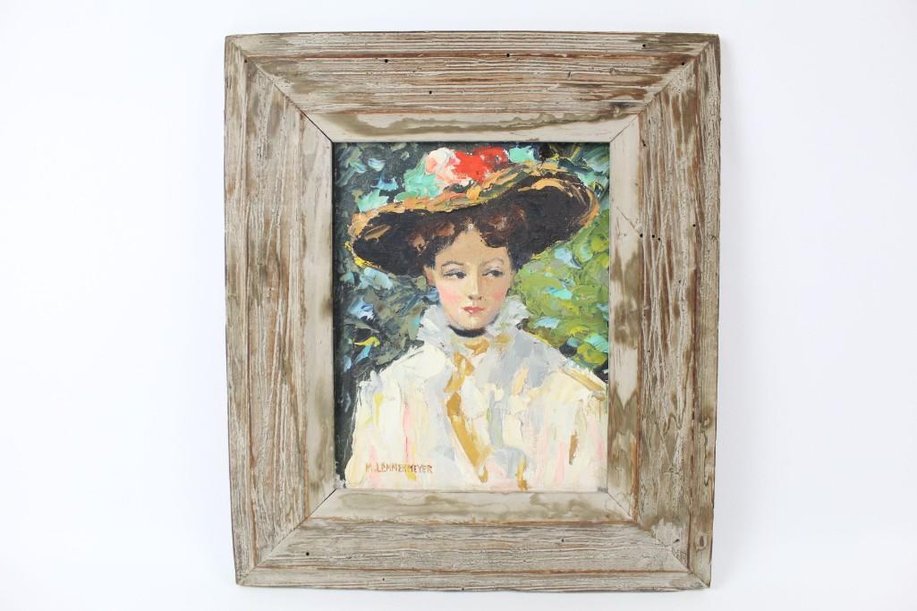Michael Lemmermeyer Oil Painting in Wood Frame,Portrait: Colorful Painting,Lady Wearing a Big Hat in Wood Frame. Signed "M. Lemmermeyer" on bottom right. This colorful painting depicts a lady wearing a big hat looking away from the artist and off the frame