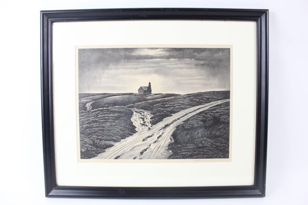 Signed Etching of Chuch Landscape Nantucket Edward Wils: Signed field etching by Nantucket artist Edward Wilson, depicting a church on a hillside near a stream. Signed bottom right. The landscape is a peaceful but lonely one, a little white church on a hill