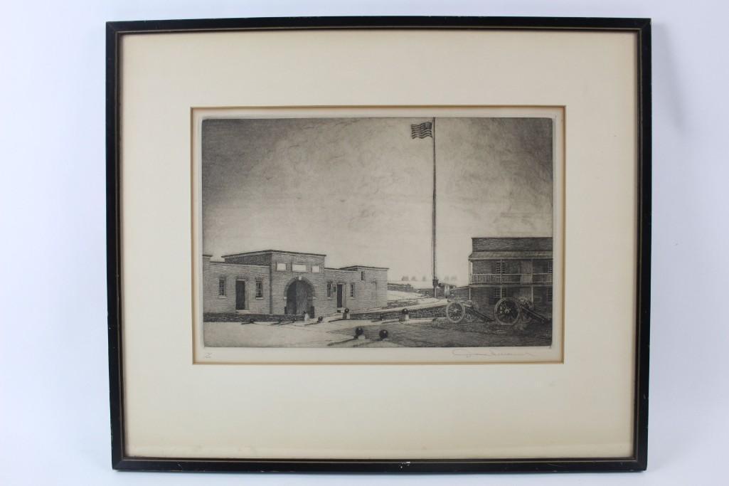 Edward Wilson Etching of Fort McHenry Baltimore: Black and white etching of Fort McHenry in Baltimore, Maryland, by artist Don Swann. Matted in black frame. It depicts two buildings of various eras, surrounded by a stone wall. A tall flag pole stand