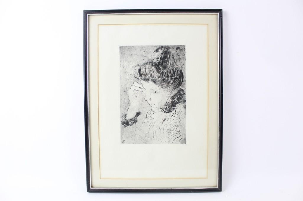 Chalcograph du Louvre Print, Ladys Portrait,Black Frame: Chalcograph du Louvre Print, Ladys Portrait,Black Frame. Print depicts a Lady holding her hand to her brow. She seems to be avoiding having to make small talk with someone. There is a geometric signat