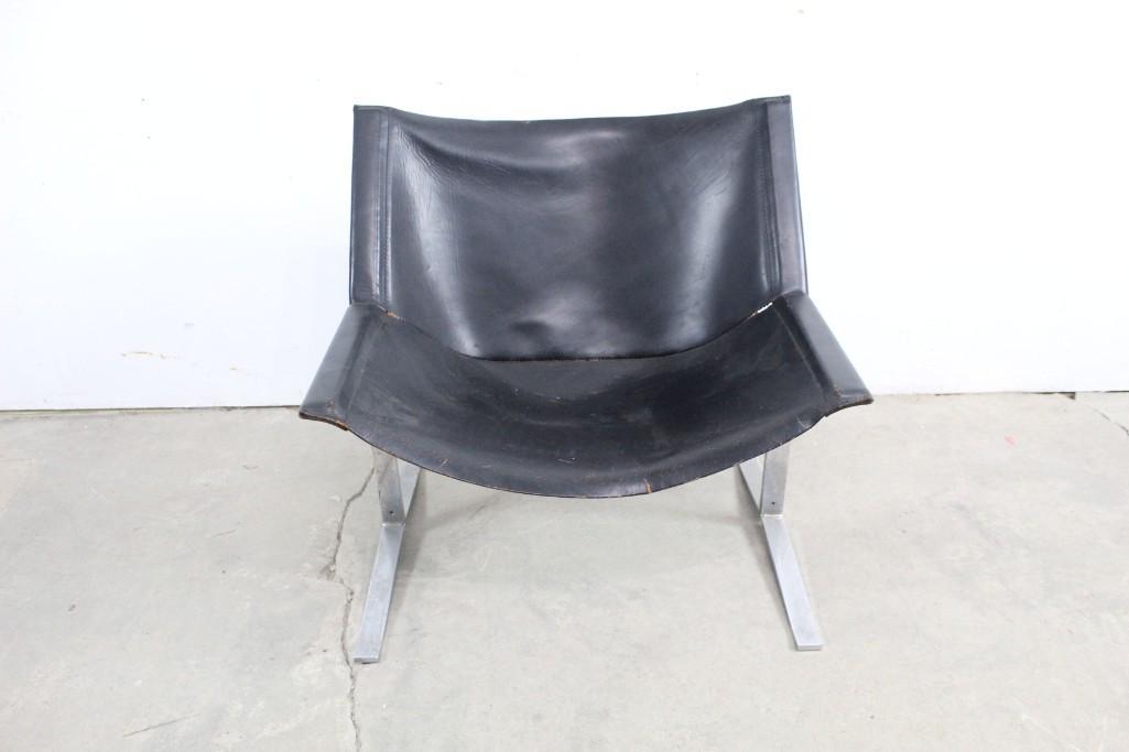 Alessandro Albrizzi Leather Sling Lounge Chair Black: Mid-Century Mod Chrome & Black Leather Chair,Furniture. Cool addition to your mid-century study. Possibly made by Knoll. Attibuted to Alessandro Albrizzi. Dimensions are in 28in h x 28in w x 24in d. C