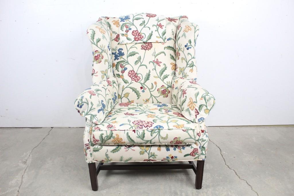 Funky Floral Embroidered Wing Back Chair,Flowers: Cream colored floral embroidered wing back chair. This lovely chair is embroidered with delicate flowers that will remind you of the warmth of spring. It has no underside markings. The dimensions are 