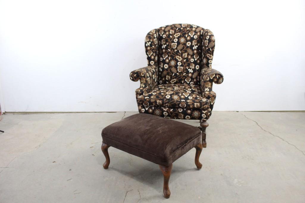 Antique Floral Brown/White Wing Back Chair w/ Ottoman: Antique floral wing back chair w/ Ottoman in Brown & White. The chair is backed with velvet as is the ottoman. This would do well in a foyer or living space. The dimensions are 46 in h x 36 in w x 28