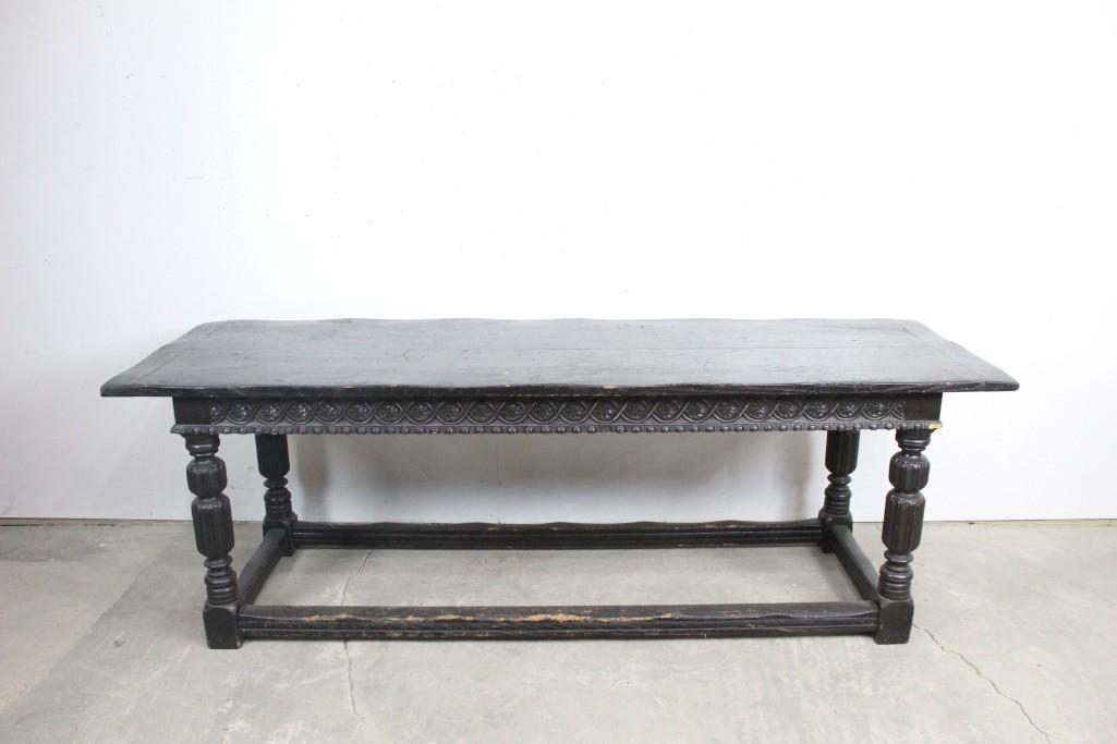 8-Foot Long Black Wooden Dining Table, William & Mary: Ornately carved dark brown painted long wooden table. This long, almost Gothic style table has lots of interesting details. This table would look great in a refined dining room. The dimensions are 30.