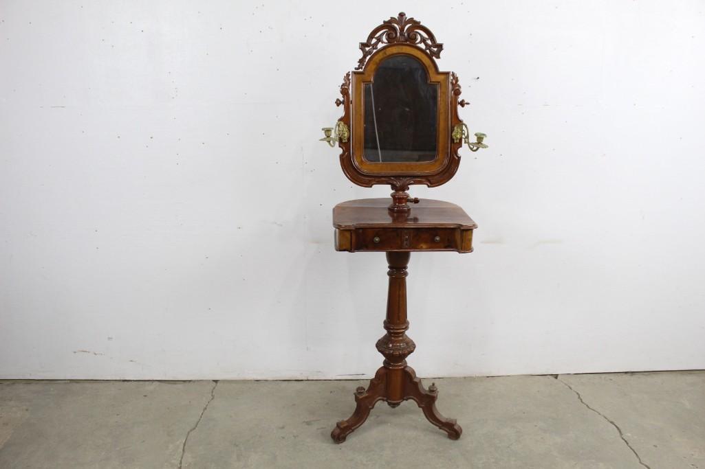 Wooden Dressing Stand Shaving Mirror w/ Candle Holders: Wooden Dressing Stand Shaving Mirror with Candle Holders. Featuring polished maple. Swing-out brass candle holders. This stand is great for any bathroom. The dimensions are 34.75 in h x 26.5 in w x 30