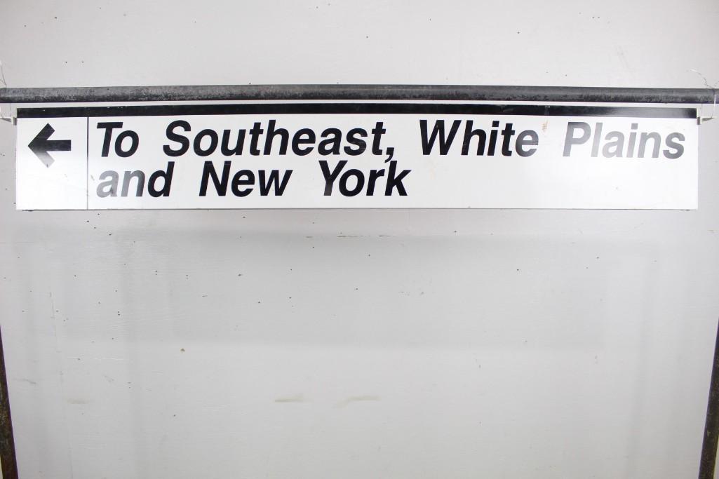 MTA Harlem River Line Train Station Destination Sign: MTA (Metropolitan Transit Authority) Harlem River Line Train Station Destination Sign, directing south towards Southeast, White Plains & New York. Made of enameled metal, this sign would be a great ad