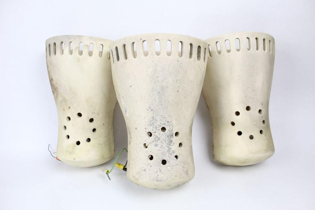 3 Ceramic Southwestern Sconces,Manner of Frank Willet: Three large ceramic cream-white colored Ceramic sconces. Engraving saying "Sante Fe Lights Copyright 1986" Featuring a half-hourglass figure, and circle and oblong patterns at top. In the Manner of Fr