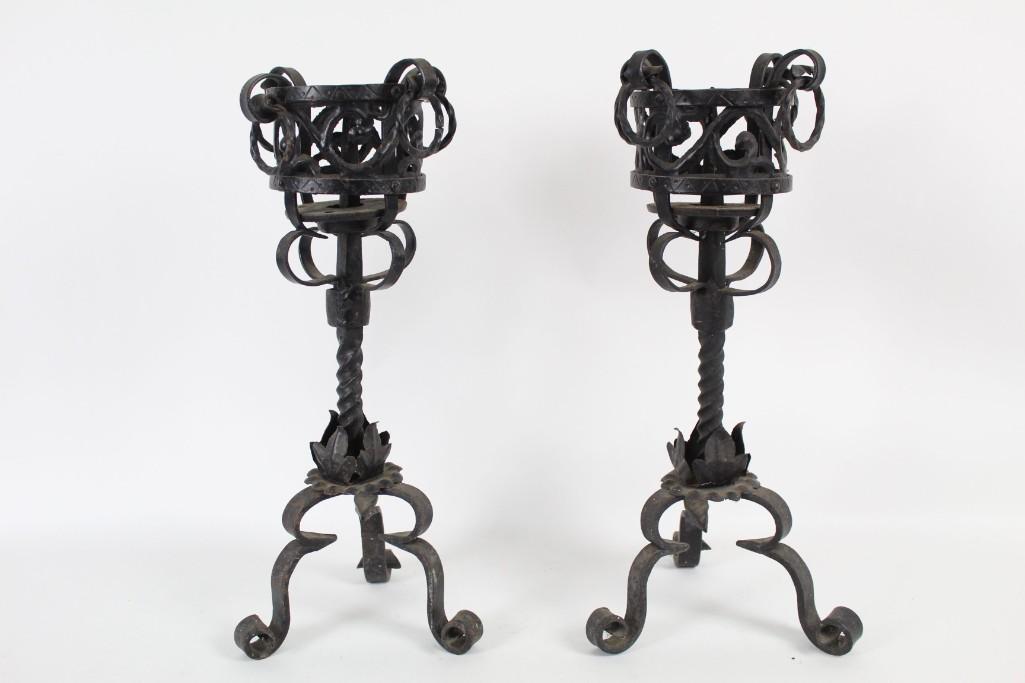 2 Large Dramatic Handwrought Iron Candle Stands Holders: 2 Large Handwrought Iron Candle Stands. Place these dramatic holders in an unused fireplace, and light pillar candles to add warm ambiance to your living space. The dimensions for each stand are 19 in