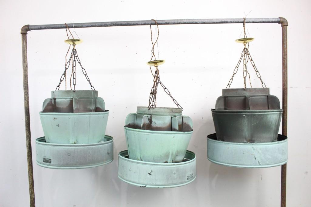 3 Industrial Copper Roof Vent Hanging Light Fixtures: 3 Industrial Oxidized Copper Roof Vent Hanging Light Fixtures. The 3 tiered roof vents are a beautiful verdigris color, and have been transformed into large and dramatic hanging light fixtures. Vents 