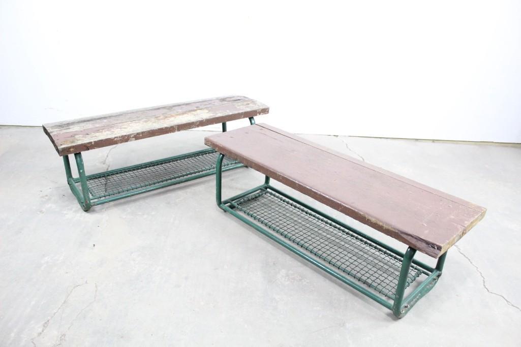 Pair of Industrial Galvanized Wire & Wood Top Benches: Pair of Industrial Galvanized Wire & Wood Top Benches. This pair of Painted Wooden Benches w/ Green Metal Frames are suited for the great outdoors or indoors. One bench was used outside, and its bench