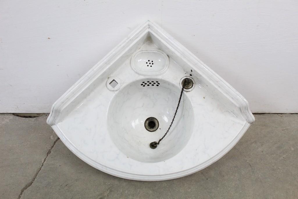 1880s British White Blue-Veined Porecelain Corner Sink: Gorgeous antique white porcelain sink, with blue veins resembling marble, in a hard-to-find corner mount design. Marked T.C. Brown Westhead Moore & Co. by Royal Appointment Potters to Her Majesty - Im