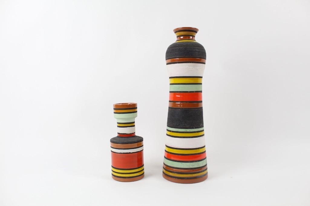 Pair of Bitossi for Raymor Pottery Vases,Italian,Modern: Pair of Bitossi for Raymor Pottery Vases,Italian. These are vibrant and colorful with aqua, white, yellow, red, brown, and gray stripes. It would be hard for the brightest of flower bouquets to compet
