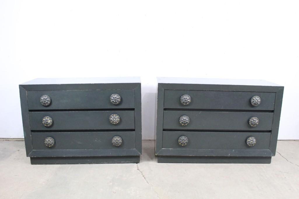 Pair of Hollywood Regency Chest of Drawers,James Mont: Pair of Hollywood Regency Chest of Drawers,James Mont. These two chests of drawers are not the same sized but are a set. They both have lovely floral handles and the inside of the drawers are painted 