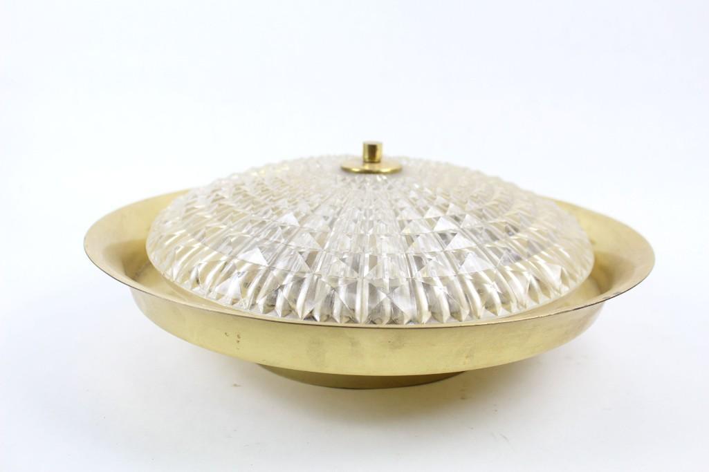 Mid-Century Modern Brass Light Carl Fagerlund Orrefors: Mid-Century Modern Brass & Crystal Glass Ceiling Light Fixture to be flush mounted to ceiling. Perfect for your Mid-century renovation project. Dimensions are 5 in h x 15 in w x 15 in d. Condition is