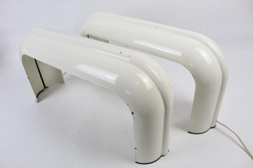 2 Mid-Century Modern Eco Lamps by Annichini,Artemide: 2 Mid-Century Enameled White Italian Desk Eco Lamps designed by Luciano Annichini for Artemide. Embossed with maker's name, designer's name and Made in Italy. The lamp is designed to illuminate the de