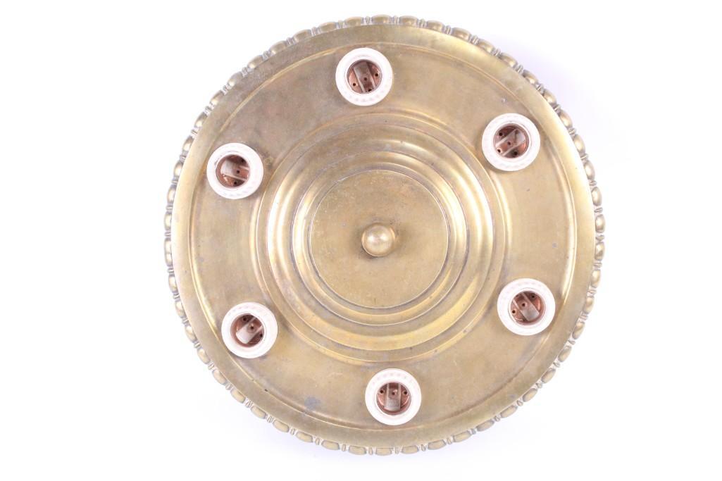 Antique Brass Flush Mount 6 Bulb Ceiling Light Fixture: Antique Brass Flush Mount 6 Bulb Ceiling Light Fixture. This very attractive multiple bulb light fixture is perfect for your home or commercial renovation project. The dimensions are 4 in h x 14 in w 