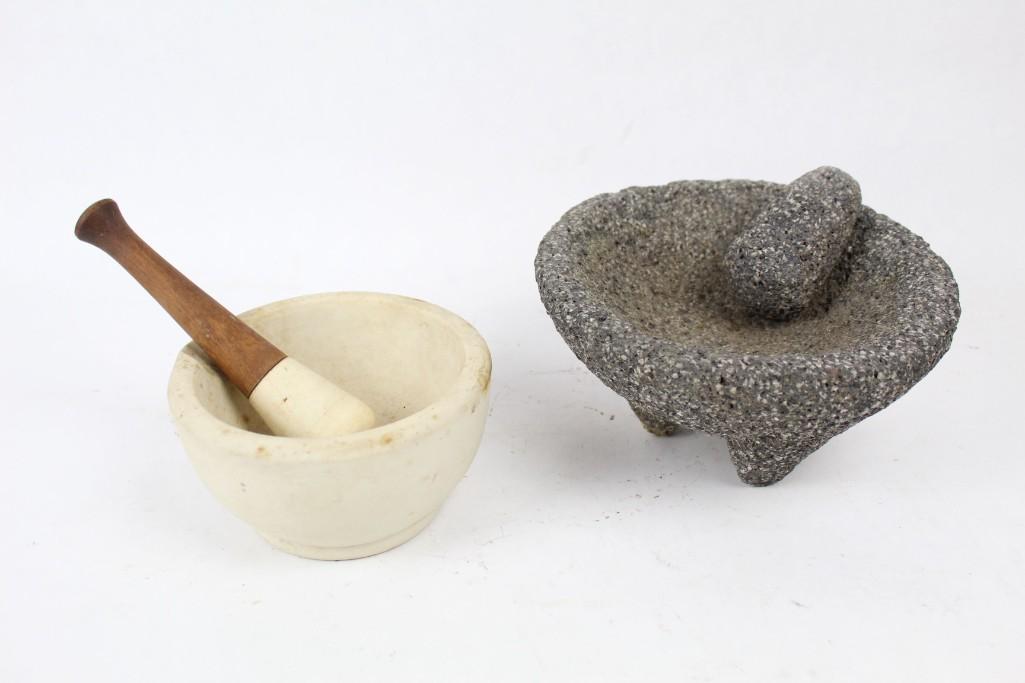Lot of 2 Antique Mortar & Pestle, Scientific and Stone: Set of 2 Mortar & Pestle, one scientific and one stone. The white scientific mortar is marked "Trade Mark ACME" on base. Its pestle is marked "2", and has a wooden handle. Grey stone mortar and pestle