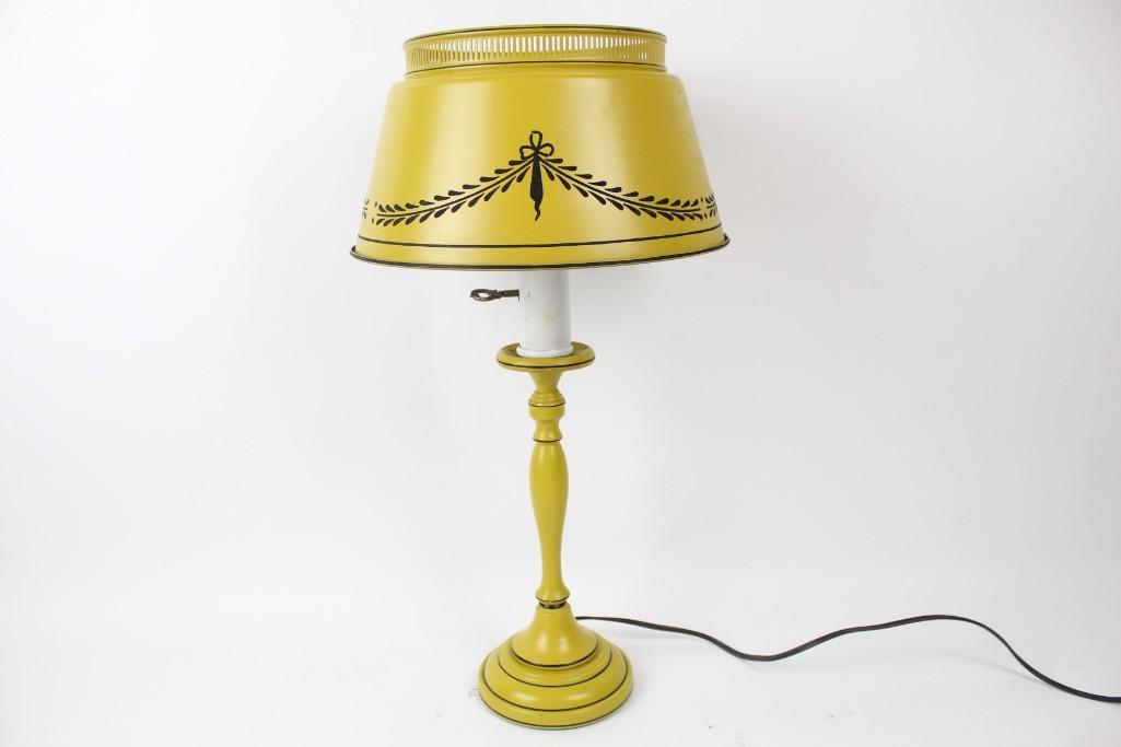 Mid-century Modern Painted Yellow Metal Toleware Lamp: Mid-century Modern Painted bright Yellow Toleware Lamp with contrasting black ornate detailing on shade. The base and the shade are both made of metal. This is a great piece to add to any room. The di