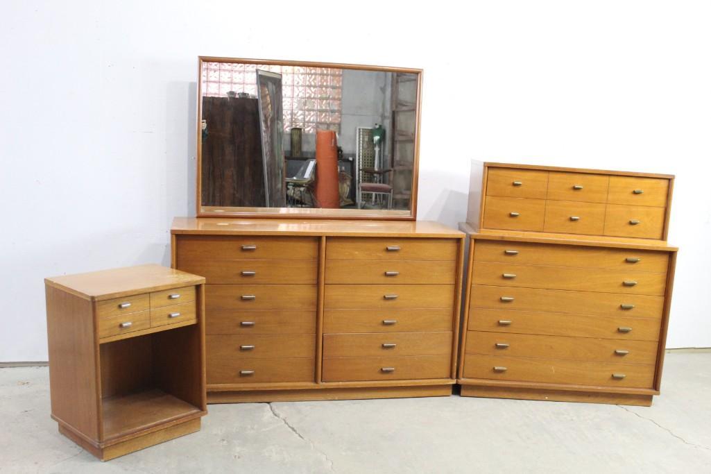 Mid-century Modern Drexel 3-piece Bedroom Dresser Set: Three-piece mahogany mid-century modern dresser set, labeled "Drexel." Includes full dresser, dresser with mirror, and side table. It is also marked that it is Mahogany. There is a decal from the stor