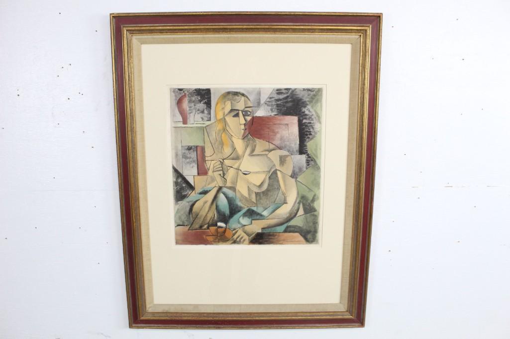 Jean Metzinger "La Tassa De The" Cubist Print: Jean Metzinger "La Tassa De ThÃ©" (The Cup of tea) Cubist Print, featuring a woman drinking tea, and a red and gold frame. Print is marked "Chalcographie de Louvre" and "J Villon Gr". This is a beau