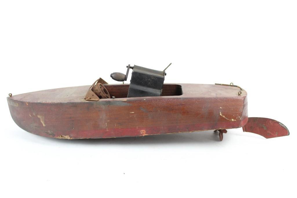 Seaworthy Boats Flying Yankee Model 65 Motorboat Toy: Seaworthy Boats Flying Yankee model 65 Red Wooden Motorboat Toy. Label reads" Seaworthy Boats/Guaranteed to sail/Chester A. Rimmer Naval Architect". All original and still functioning toy, the Seawort