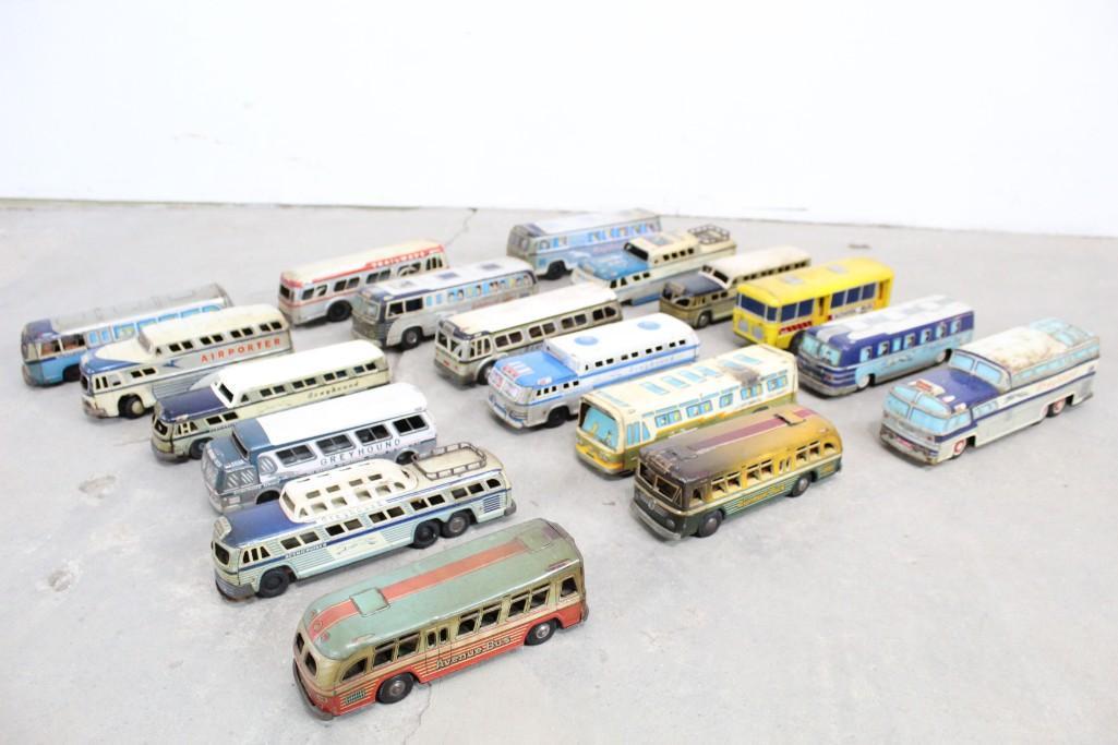 Lot of 18 Diecast Metal Toy Commercial Buses, Greyhound: Lot of 18 Diecast Metal Toy Commercial Buses, Greyhound. Colorful and varied group of mid-century buses to add to your toy collection. Includes Greyhound, Airporter, Avenue Bus, Continental Trailways 