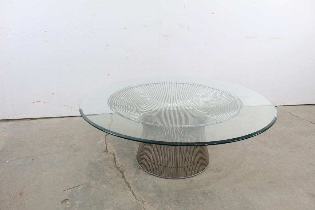 Mid-century Modern Warren Platner Chrome Coffee Table: Mid-century Modern Warren Platner Coffee Table, featuring a tempered glass and steel design. A great piece from an iconic collection. We believe this to be a contemporary reproduction. But very high q