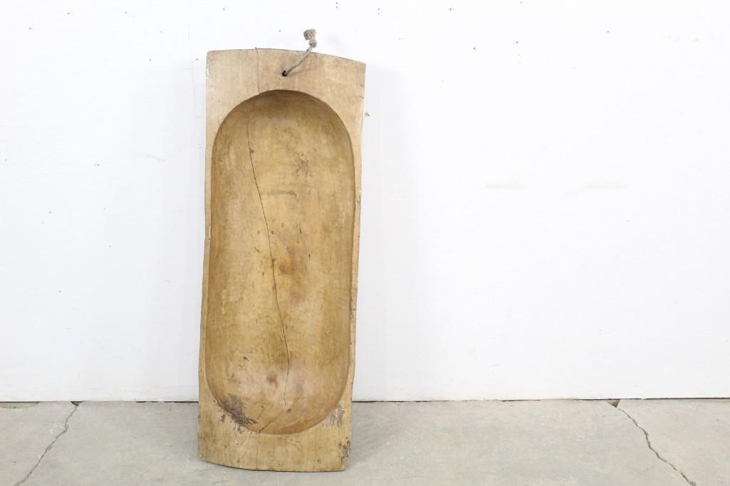 Large Hand-Carved Wooden Trough w/ Hole for Wall Mount: Large hand-carved wooden trough. Delightfully imperfect, with a folksy character that would lend an inviting quality to any decor. The marks of the chisel used to carve the trough are beautiful. Would